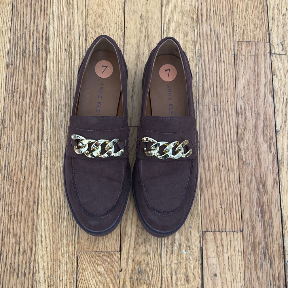 Anne Klein Chocolate Suede Loafers with Gold Chain. LIKE NEW. Worn once!